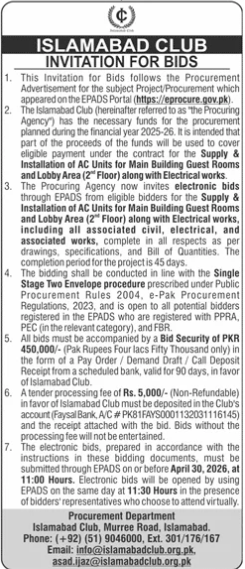 Supply & Installation of AC Units for Main Building Guest Rooms and Lobby Area (2nd Floor) along with Electrical works, Installation of Exhaust Fans, Light Fixtures, and associated works - Islamabad Club